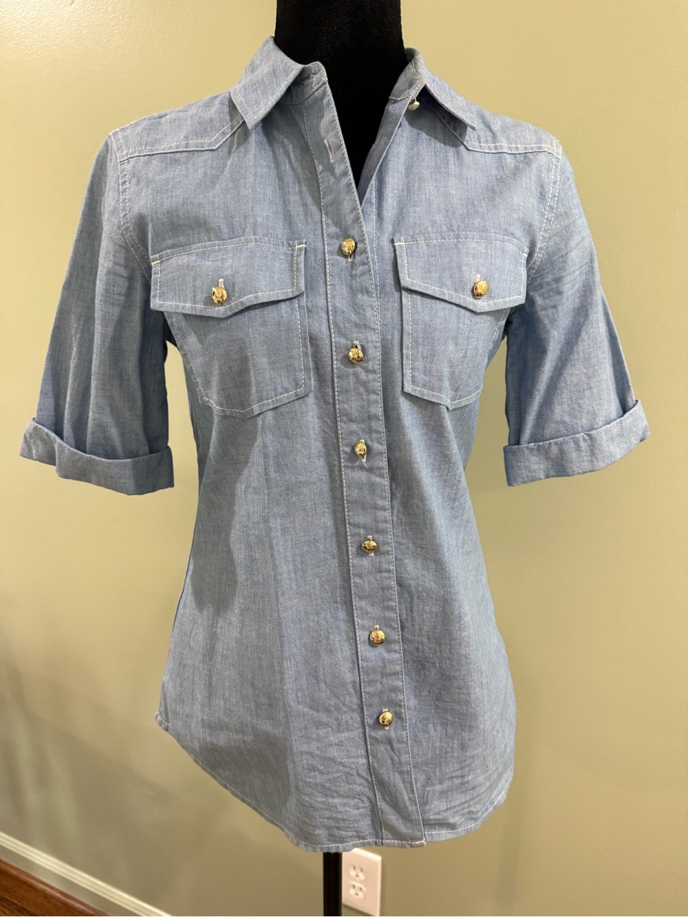 Draper James Light Blue Button-Down Shirt with Gold Buttons